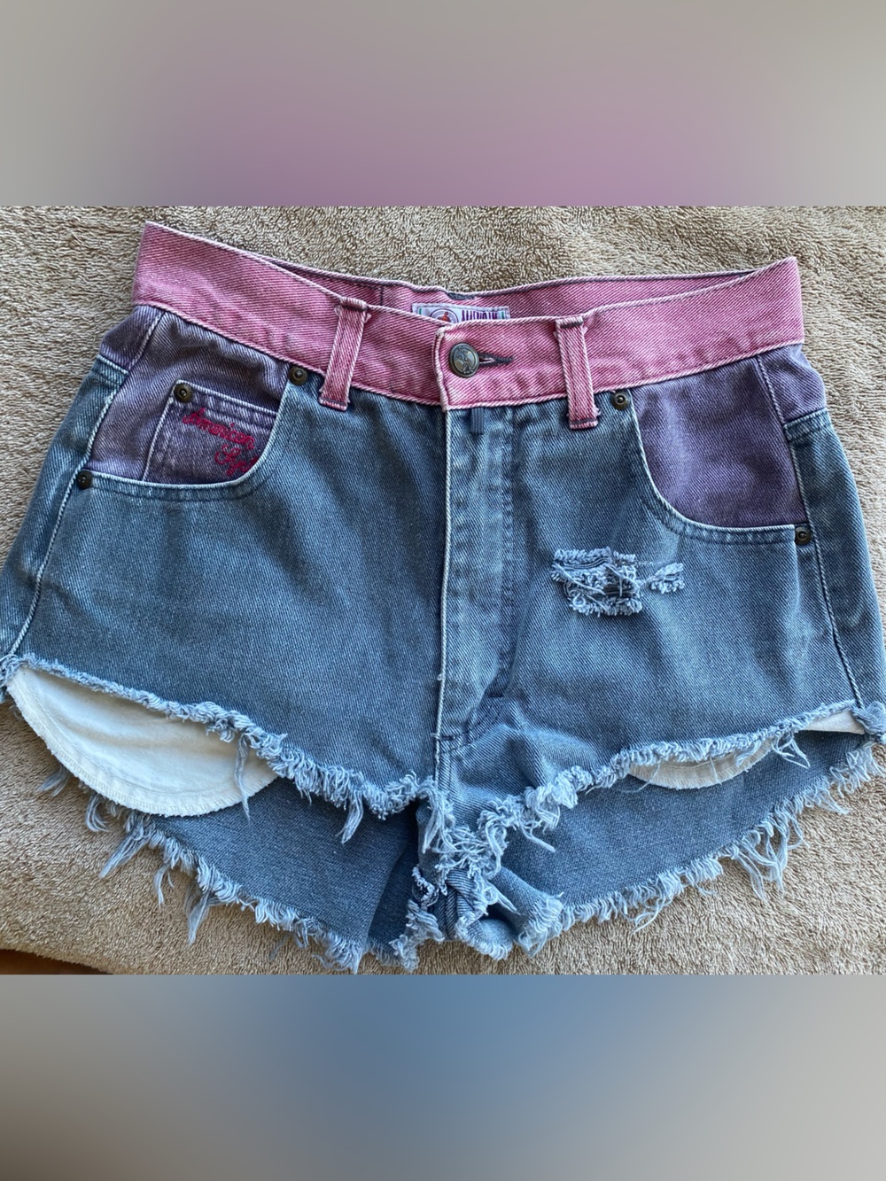 VINTAGE 90s Colorblock Denim Cutoff Shorts American System High Wais